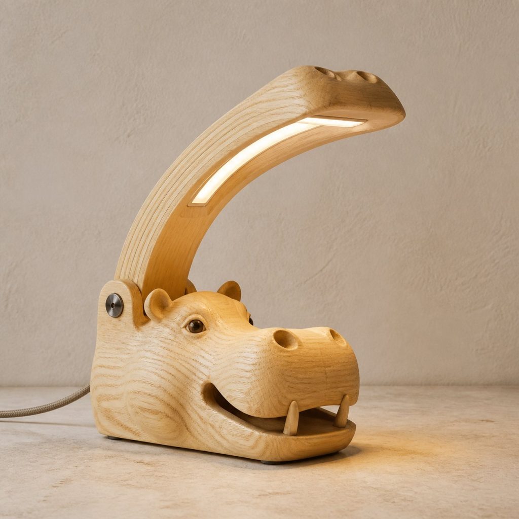 Hippo-Jaw Desk Task Lamp shown as an original square photorealistic hippo lamp made from natural light-yellow wood with fine grain and warm diffused light