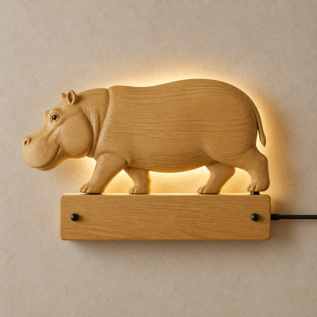 Walking Hippo Wall Sconce shown as an original square photorealistic hippo lamp made from natural light-yellow wood with fine grain and warm diffused light