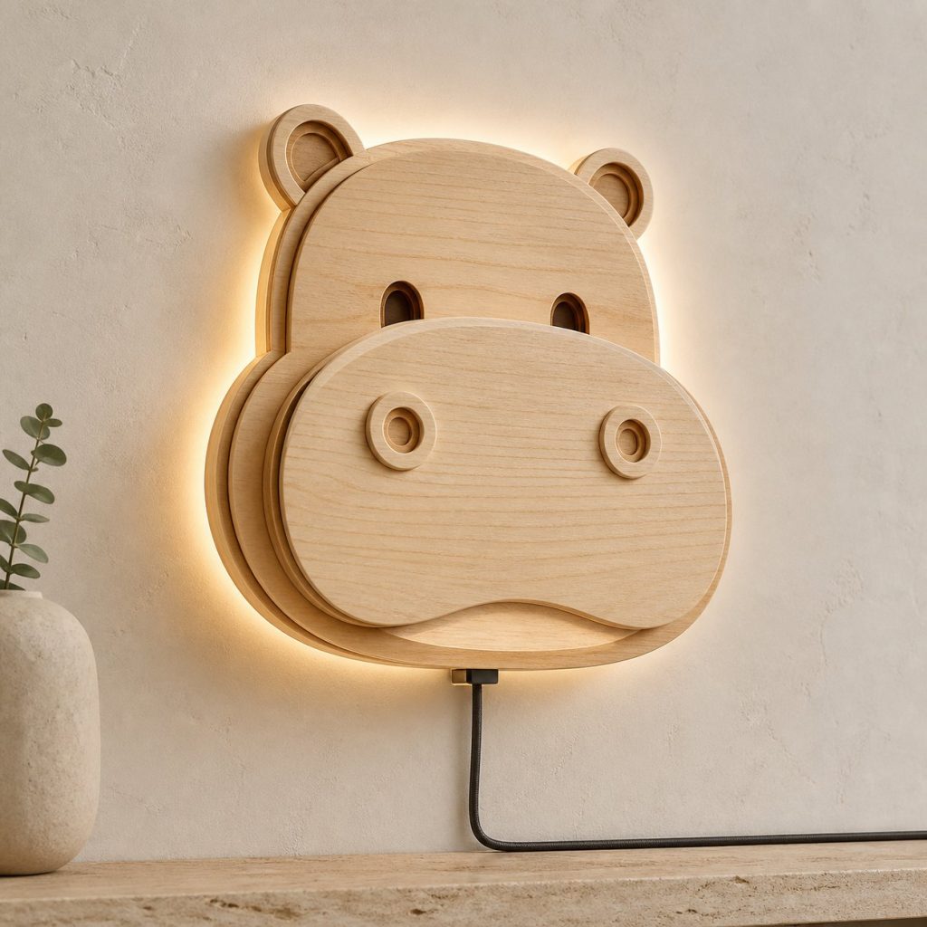 Layered Hippo Face Wall Lamp shown as an original square photorealistic hippo lamp made from natural light-yellow wood with fine grain and warm diffused light