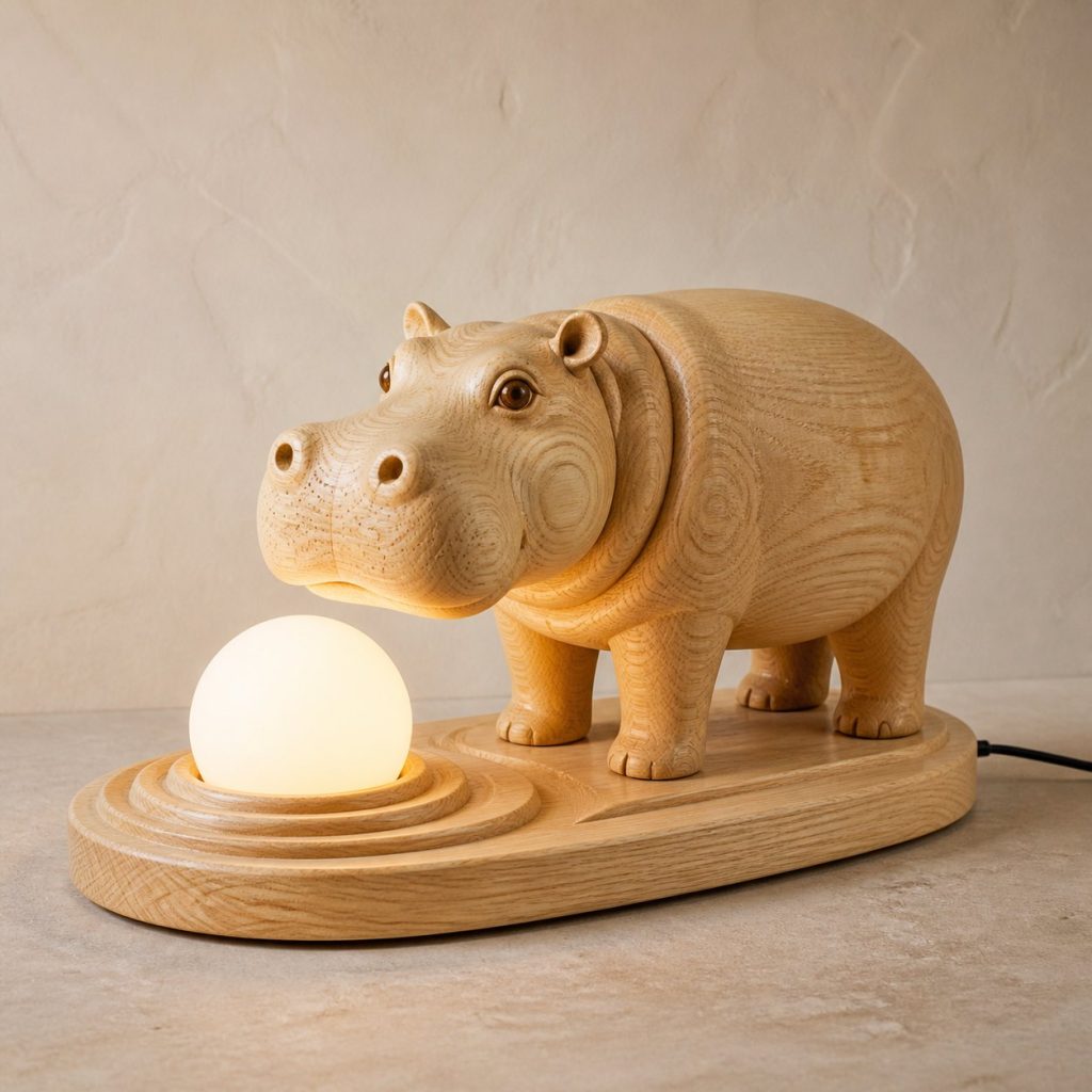 Hippo River Orb Lamp shown as an original square photorealistic hippo lamp made from natural light-yellow wood with fine grain and warm diffused light