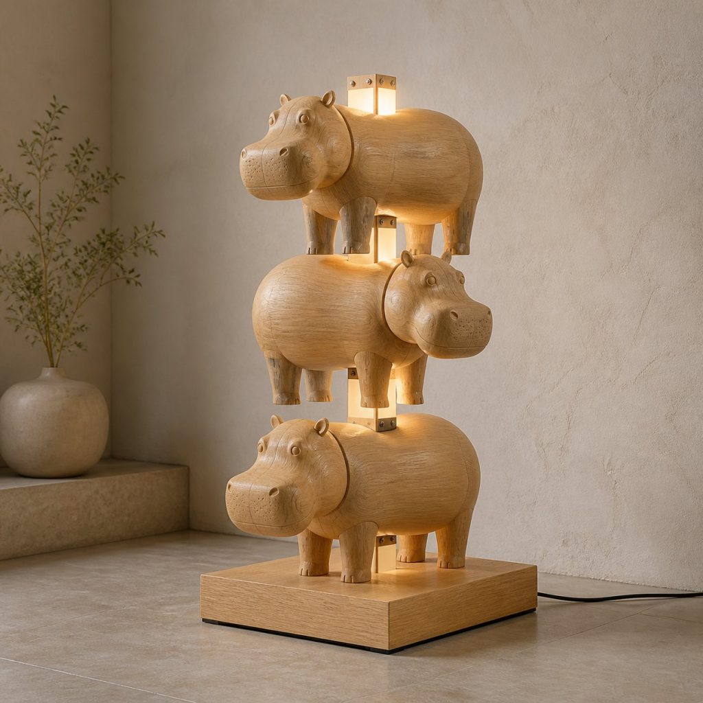 Stacked Hippo Floor Lamp shown as an original square photorealistic hippo lamp made from natural light-yellow wood with fine grain and warm diffused light