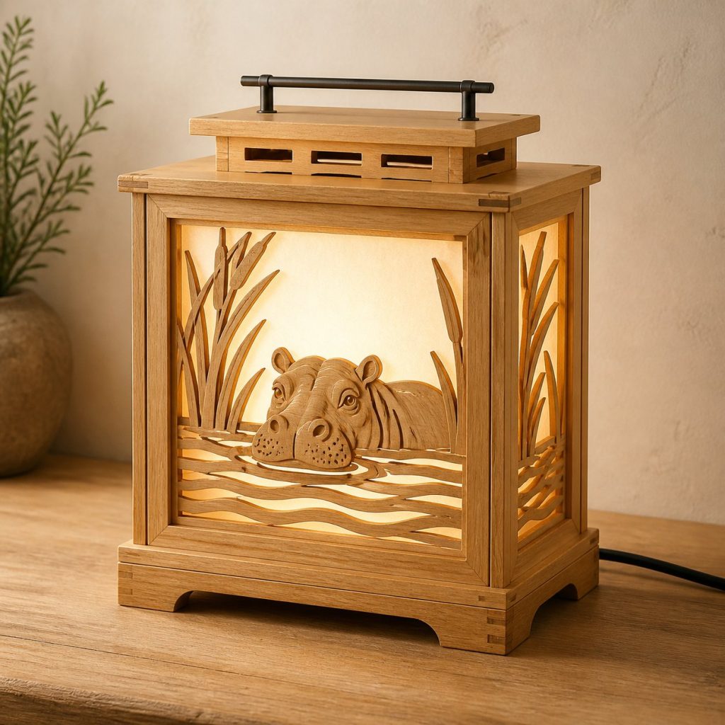 River Hippo Lantern shown as an original square photorealistic hippo lamp made from natural light-yellow wood with fine grain and warm diffused light