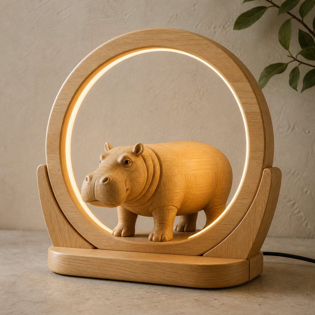 Hippo-and-Sun Ring Lamp shown as an original square photorealistic hippo lamp made from natural light-yellow wood with fine grain and warm diffused light