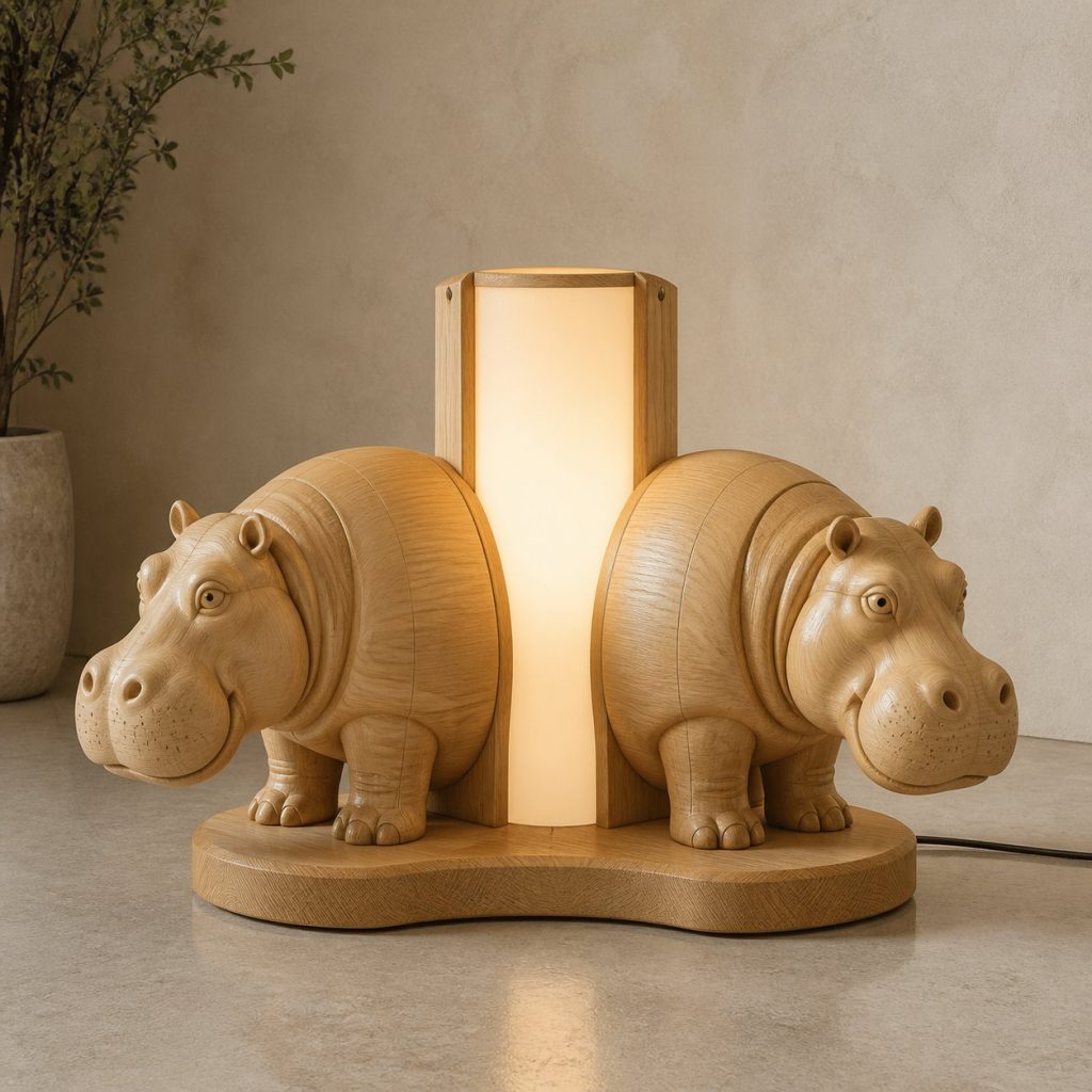 Twin-Hippo Floor Lamp shown as an original square photorealistic hippo lamp made from natural light-yellow wood with fine grain and warm diffused light