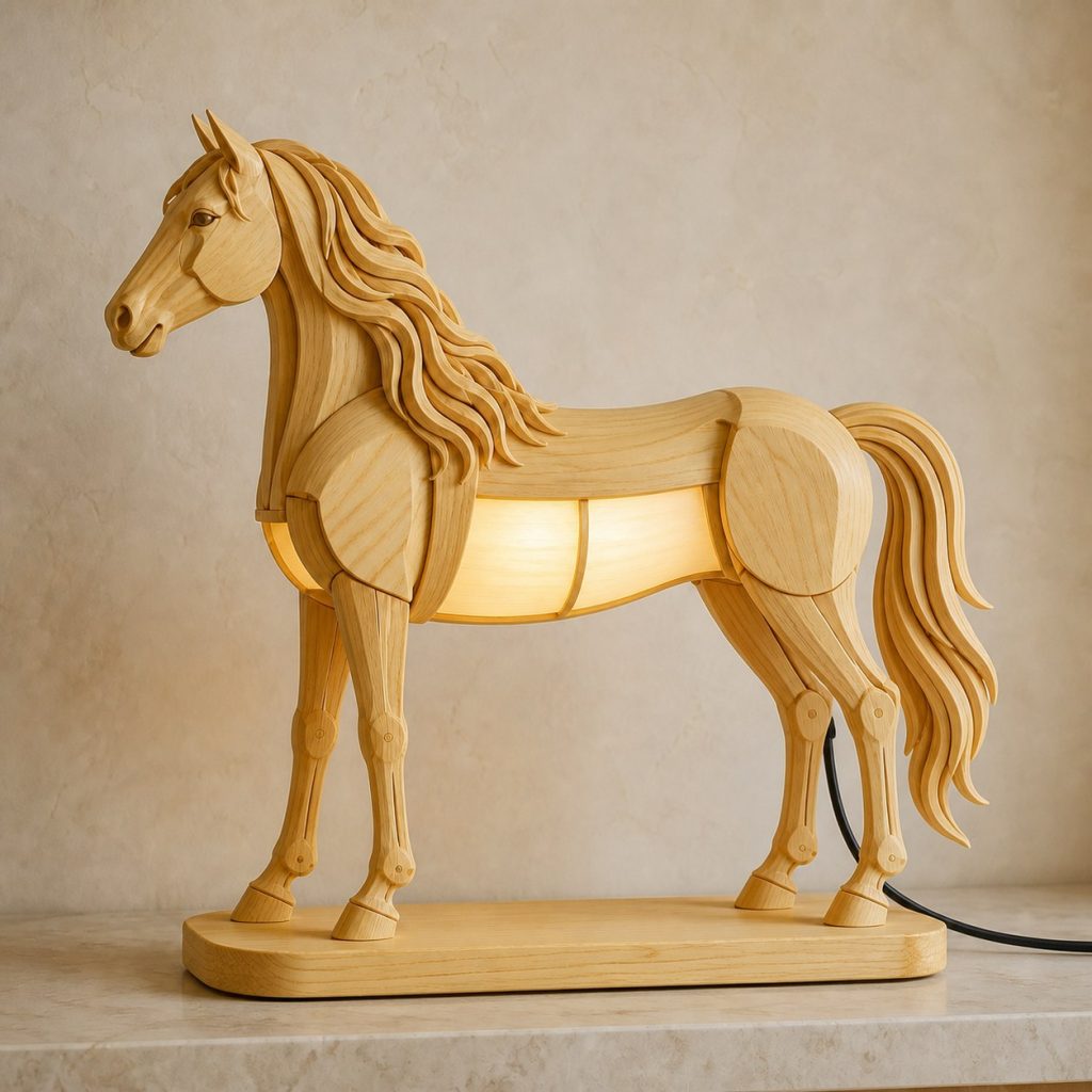 Horse Profile Lamp shown as an original square photorealistic horse lamp made from natural light-yellow wood with fine grain and warm diffused light
