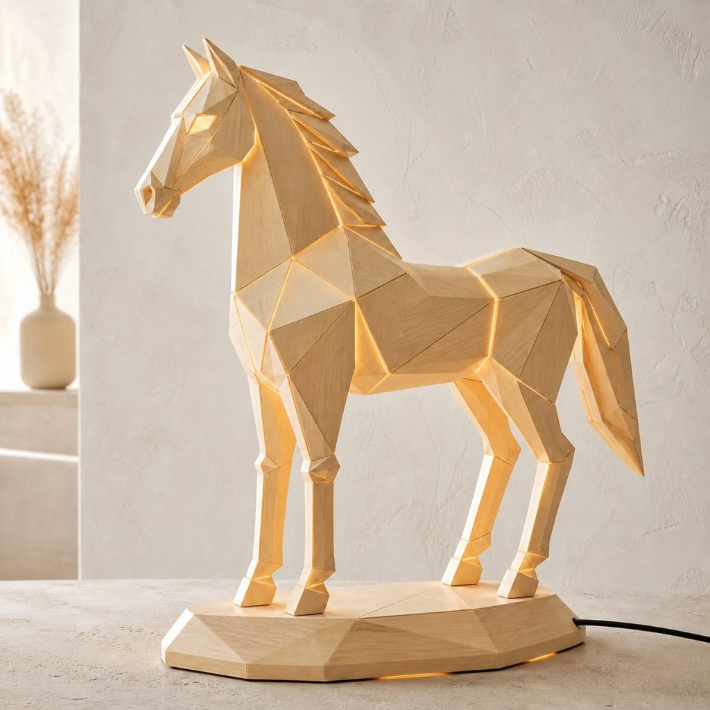 Faceted Horse Lamp shown as an original square photorealistic horse lamp made from natural light-yellow wood with fine grain and warm diffused light