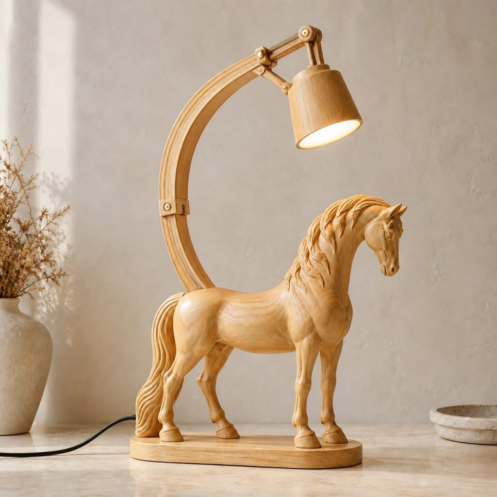 Horse-Neck Desk Task Lamp shown as an original square photorealistic horse lamp made from natural light-yellow wood with fine grain and warm diffused light
