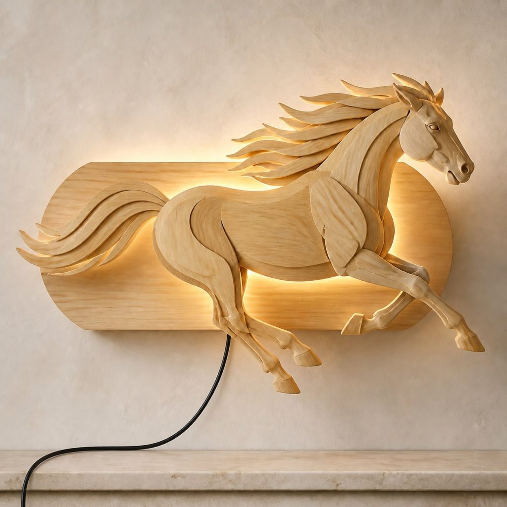 Galloping Horse Wall Sconce shown as an original square photorealistic horse lamp made from natural light-yellow wood with fine grain and warm diffused light