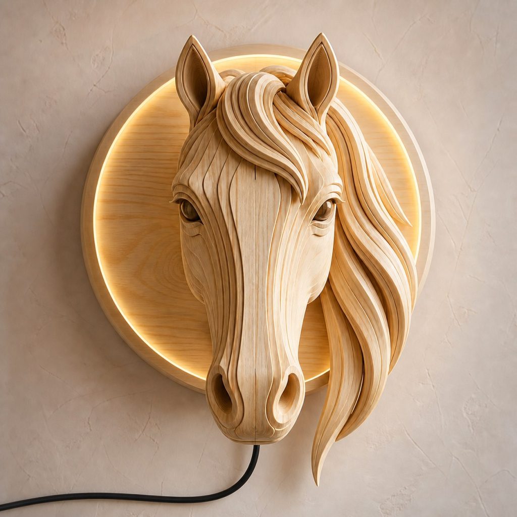 Layered Horse Head Wall Lamp shown as an original square photorealistic horse lamp made from natural light-yellow wood with fine grain and warm diffused light