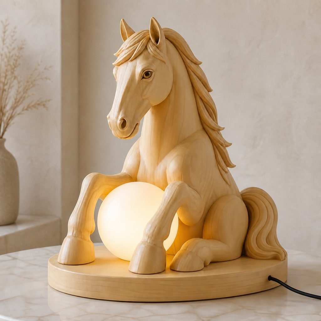 Horse Orb Lamp shown as an original square photorealistic horse lamp made from natural light-yellow wood with fine grain and warm diffused light