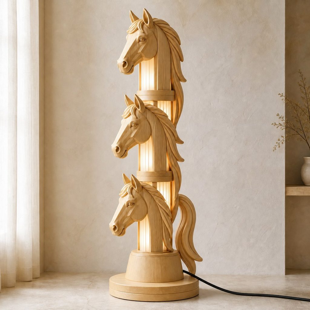 Stacked Horse Floor Lamp shown as an original square photorealistic horse lamp made from natural light-yellow wood with fine grain and warm diffused light