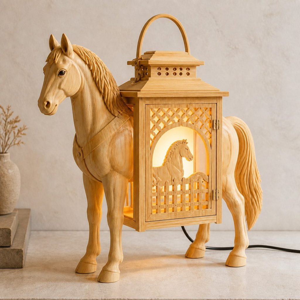 Stable Horse Lantern shown as an original square photorealistic horse lamp made from natural light-yellow wood with fine grain and warm diffused light