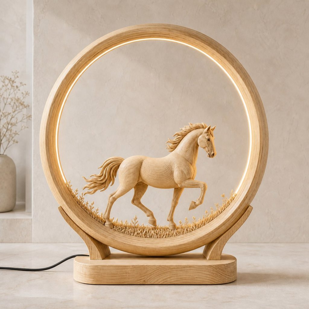 Horse Meadow-Ring Lamp shown as an original square photorealistic horse lamp made from natural light-yellow wood with fine grain and warm diffused light