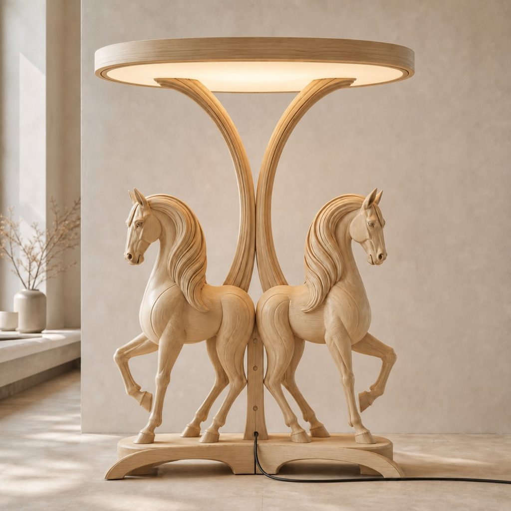Paired-Mane Horse Floor Lamp shown as an original square photorealistic horse lamp made from natural light-yellow wood with fine grain and warm diffused light