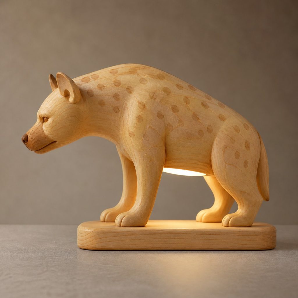 Hyena Profile Lamp shown as an original square photorealistic hyena lamp made from natural light-yellow wood with fine grain and warm diffused light