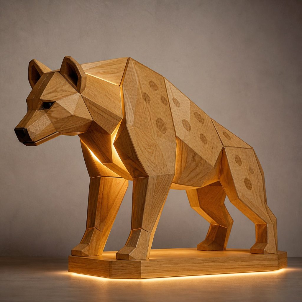Faceted Hyena Lamp shown as an original square photorealistic hyena lamp made from natural light-yellow wood with fine grain and warm diffused light