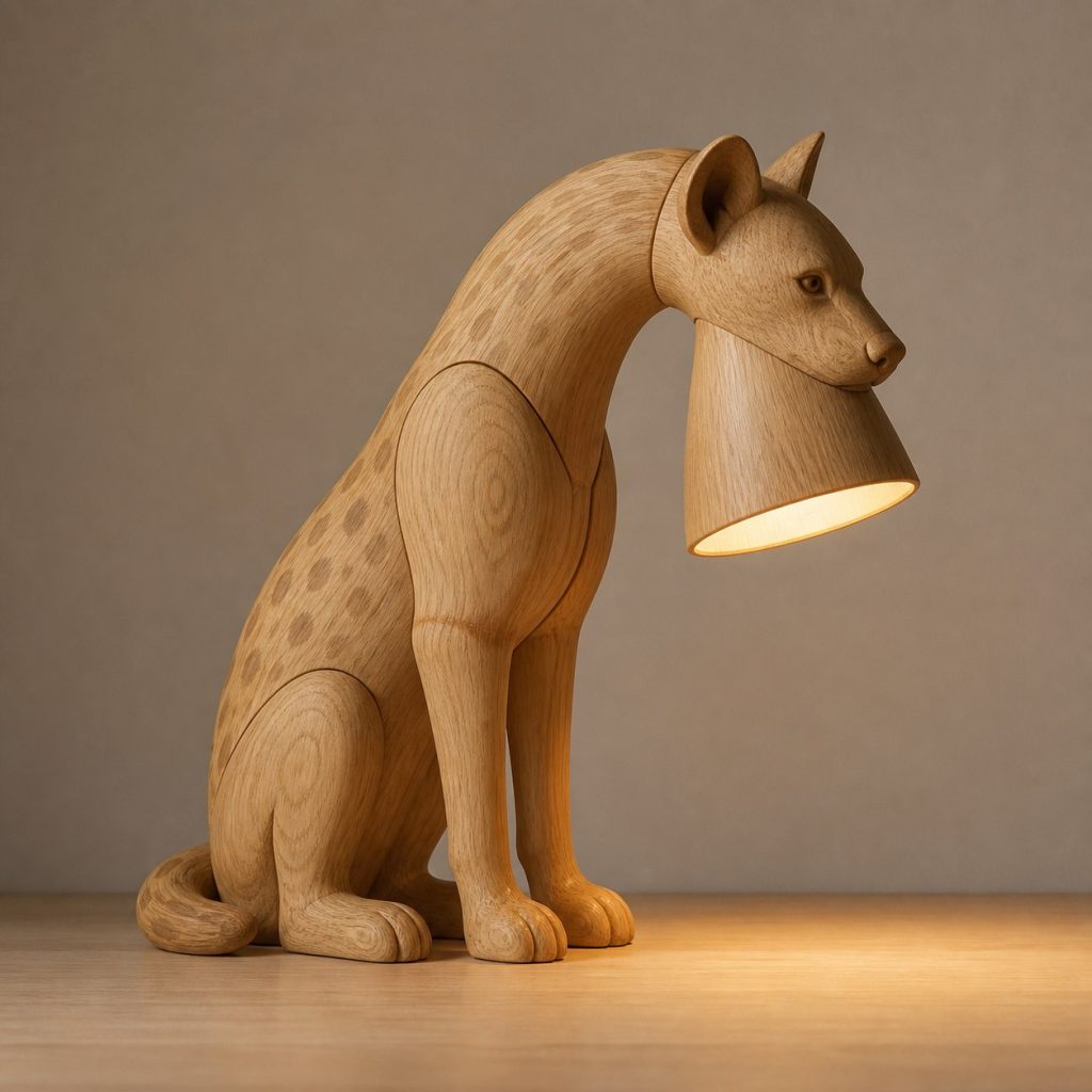 Hyena-Neck Desk Task Lamp shown as an original square photorealistic hyena lamp made from natural light-yellow wood with fine grain and warm diffused light
