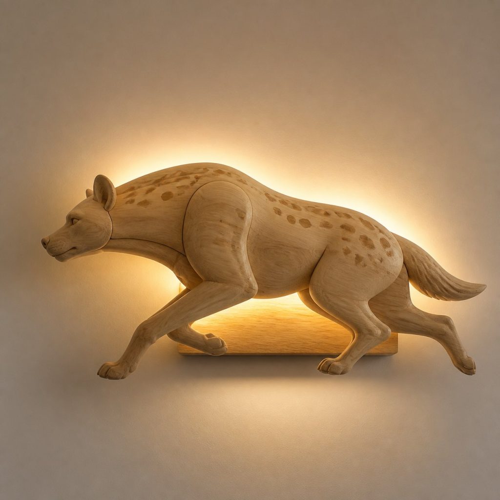 Running Hyena Wall Sconce shown as an original square photorealistic hyena lamp made from natural light-yellow wood with fine grain and warm diffused light