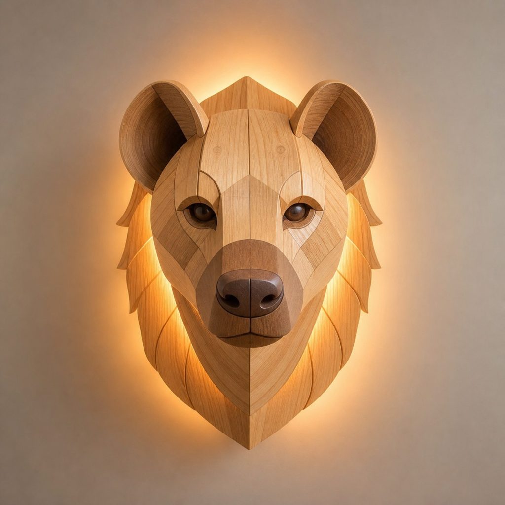 Layered Hyena Face Wall Lamp shown as an original square photorealistic hyena lamp made from natural light-yellow wood with fine grain and warm diffused light