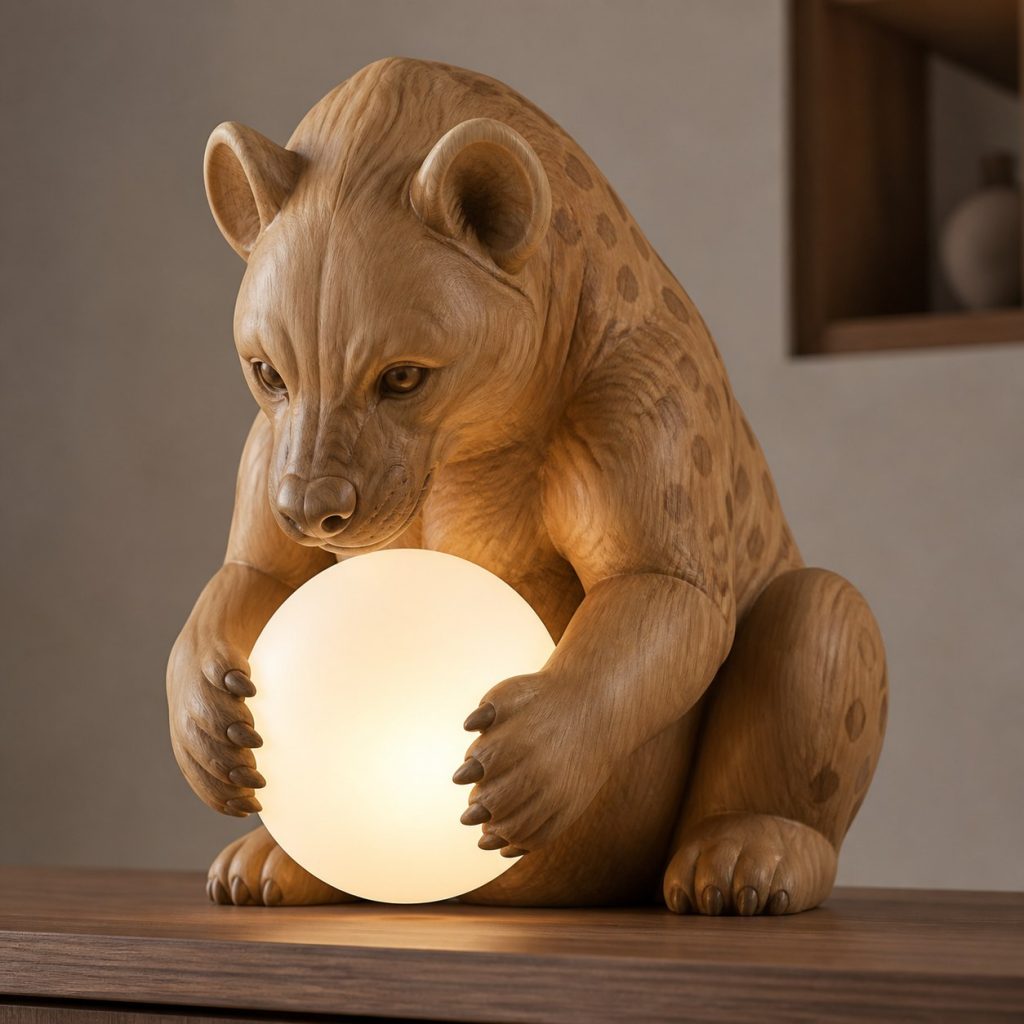 Hyena Orb Lamp shown as an original square photorealistic hyena lamp made from natural light-yellow wood with fine grain and warm diffused light
