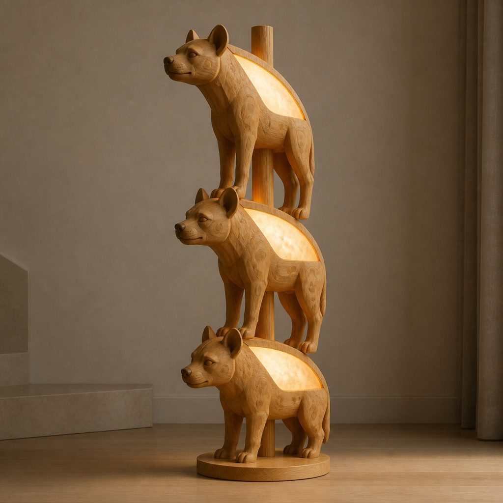 Stacked Hyena Floor Lamp shown as an original square photorealistic hyena lamp made from natural light-yellow wood with fine grain and warm diffused light