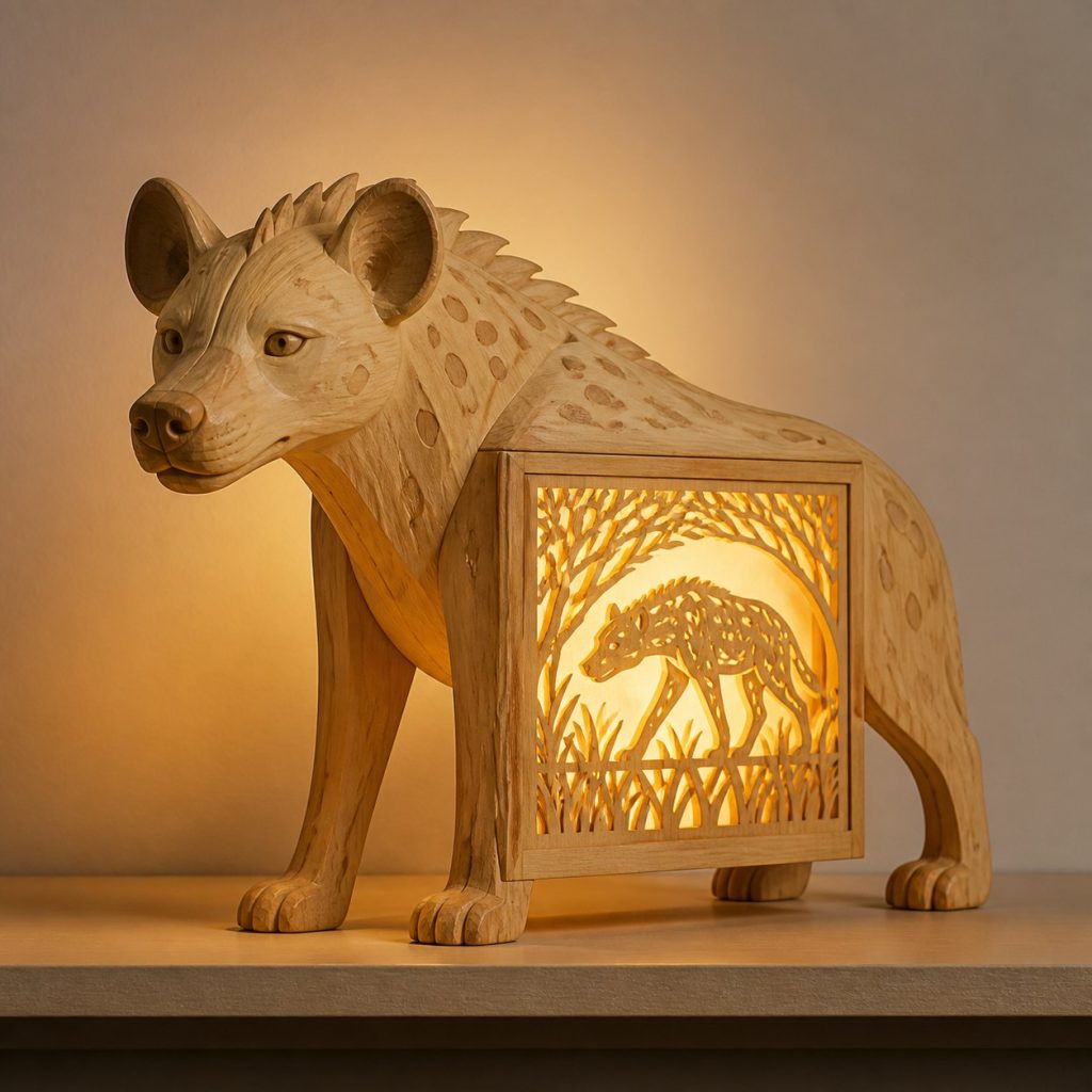 Savanna Hyena Lantern shown as an original square photorealistic hyena lamp made from natural light-yellow wood with fine grain and warm diffused light