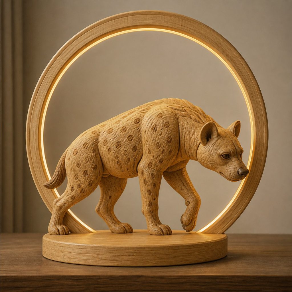 Hyena Dusk-Ring Lamp shown as an original square photorealistic hyena lamp made from natural light-yellow wood with fine grain and warm diffused light