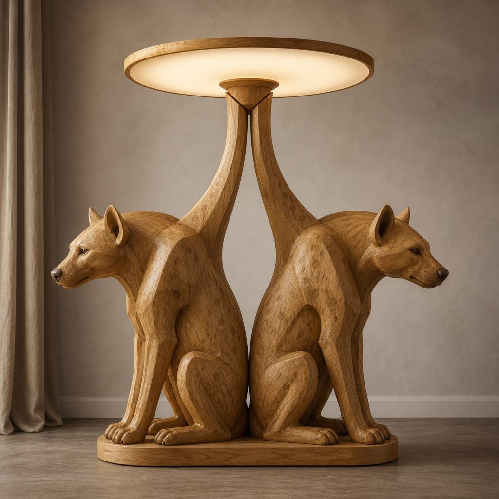 Paired-Shoulder Hyena Floor Lamp shown as an original square photorealistic hyena lamp made from natural light-yellow wood with fine grain and warm diffused light