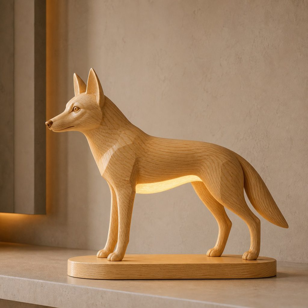 Jackal Profile Lamp shown as an original square photorealistic jackal lamp made from natural light-yellow wood with fine grain and warm diffused light
