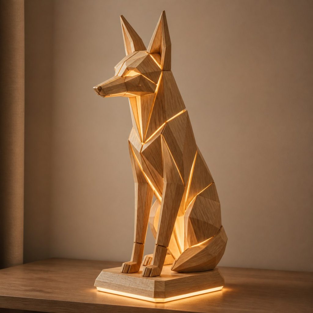 Faceted Jackal Lamp shown as an original square photorealistic jackal lamp made from natural light-yellow wood with fine grain and warm diffused light