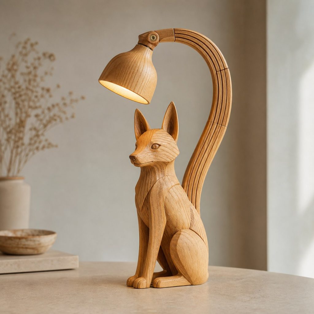 Jackal-Tail Desk Task Lamp shown as an original square photorealistic jackal lamp made from natural light-yellow wood with fine grain and warm diffused light