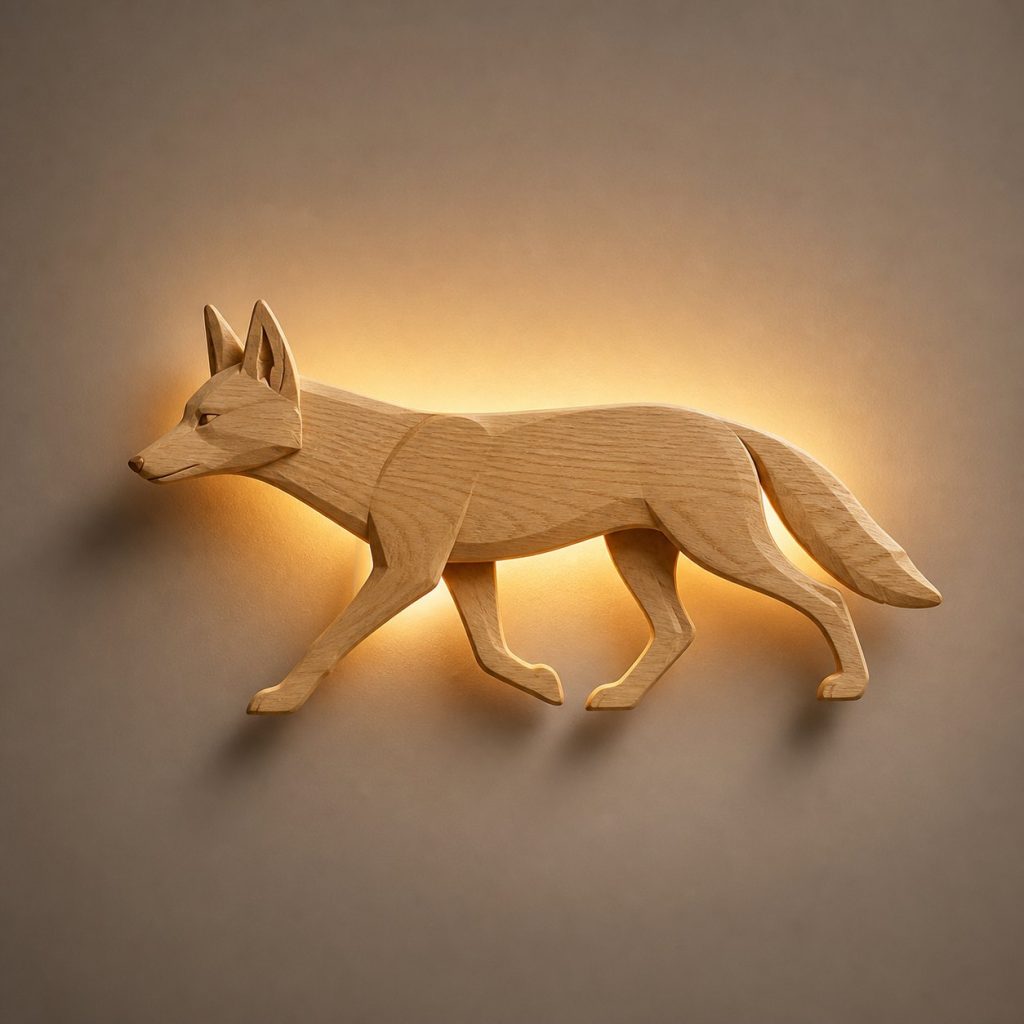 Trotting Jackal Wall Sconce shown as an original square photorealistic jackal lamp made from natural light-yellow wood with fine grain and warm diffused light