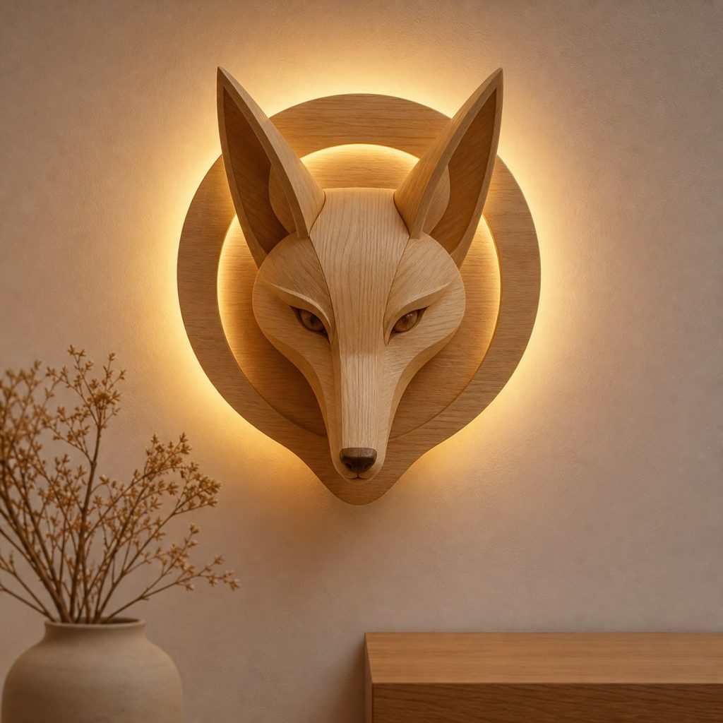 Layered Jackal Face Wall Lamp shown as an original square photorealistic jackal lamp made from natural light-yellow wood with fine grain and warm diffused light