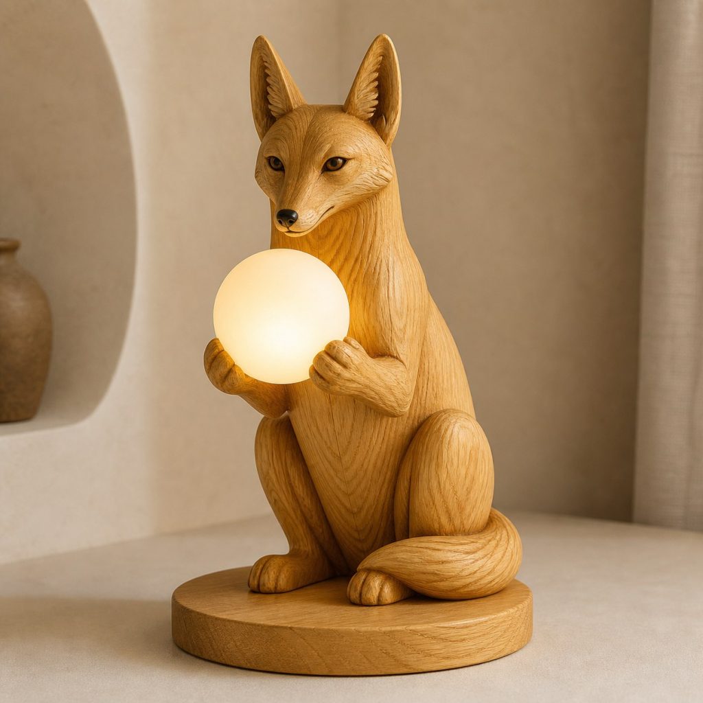 Jackal Orb Lamp shown as an original square photorealistic jackal lamp made from natural light-yellow wood with fine grain and warm diffused light