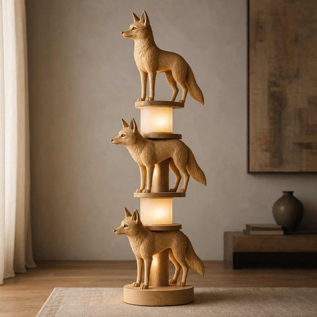 Stacked Jackal Floor Lamp shown as an original square photorealistic jackal lamp made from natural light-yellow wood with fine grain and warm diffused light