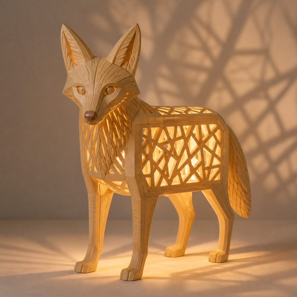 Desert Jackal Lantern shown as an original square photorealistic jackal lamp made from natural light-yellow wood with fine grain and warm diffused light