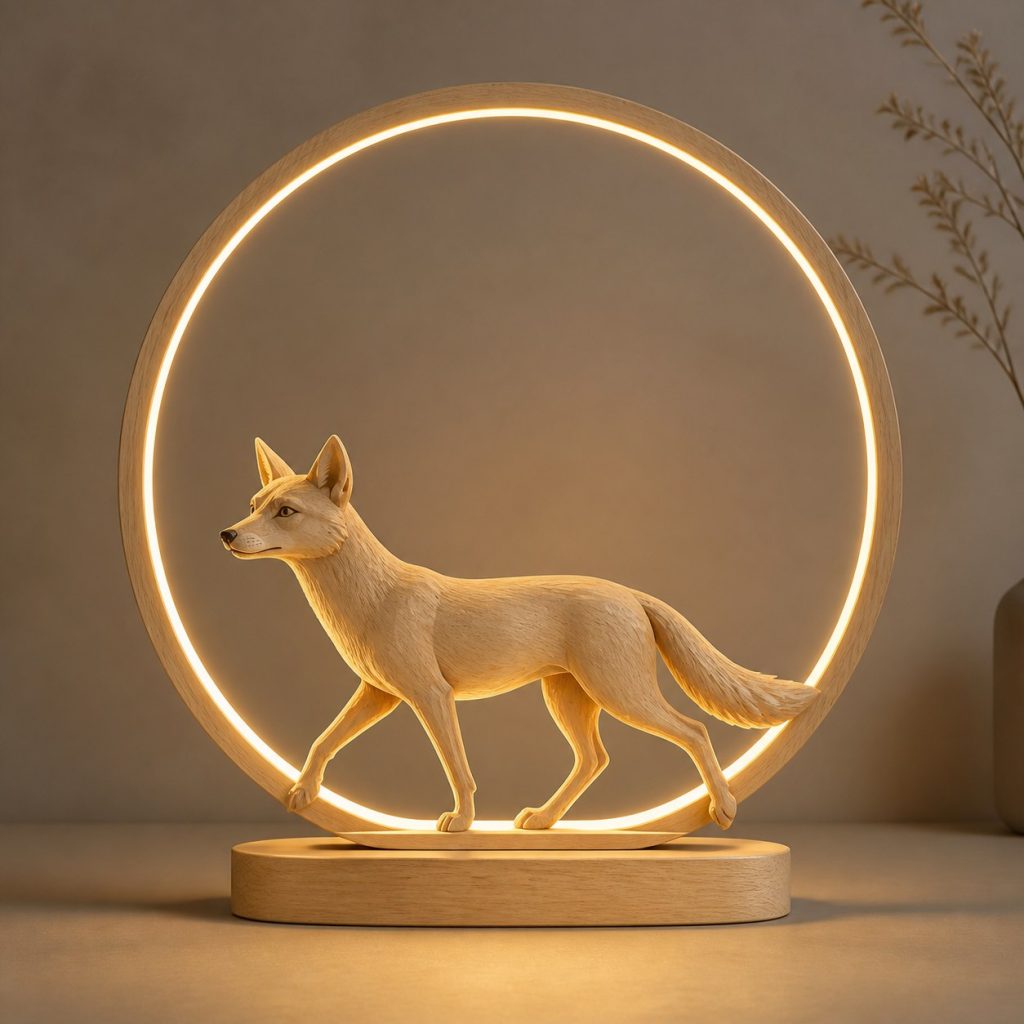 Jackal Sun-Ring Lamp shown as an original square photorealistic jackal lamp made from natural light-yellow wood with fine grain and warm diffused light