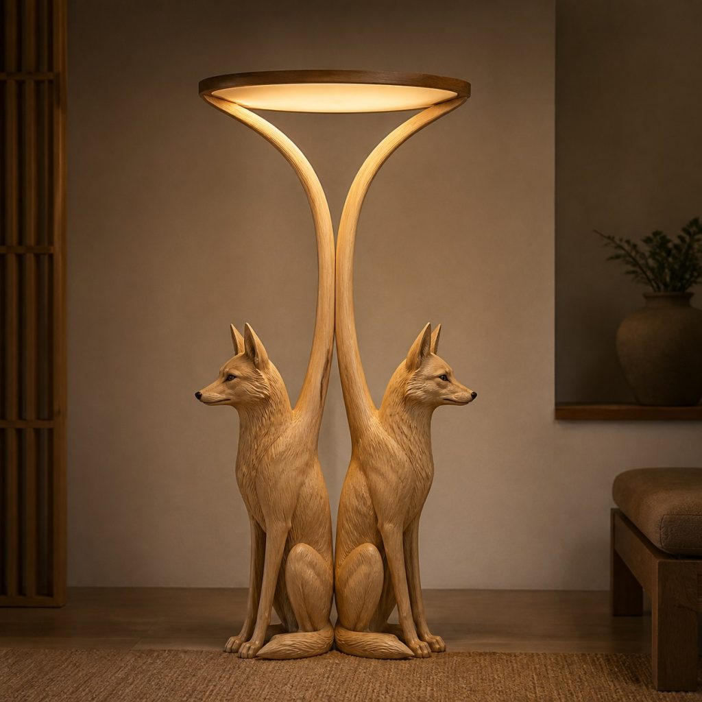 Paired-Ear Jackal Floor Lamp shown as an original square photorealistic jackal lamp made from natural light-yellow wood with fine grain and warm diffused light