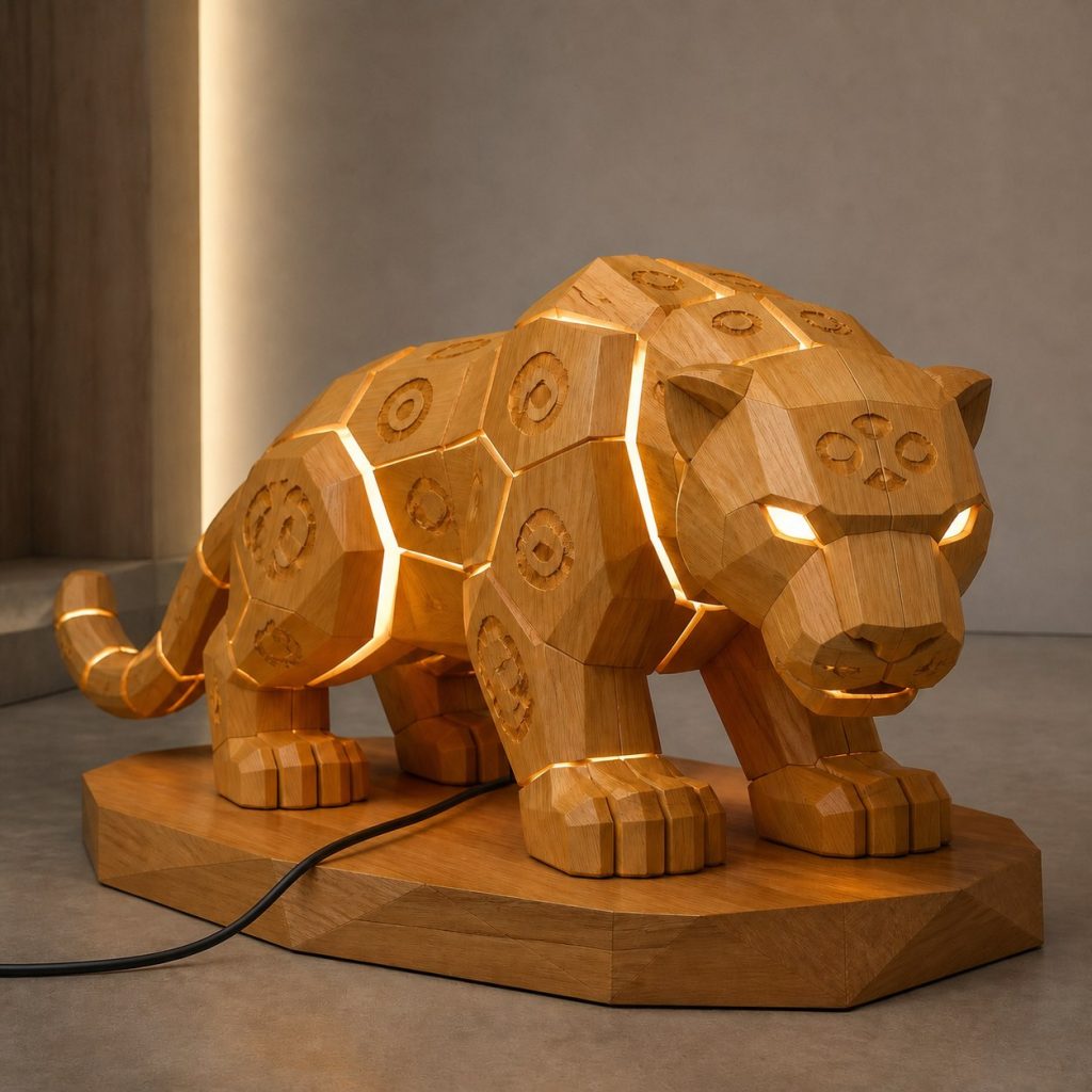 Faceted Jaguar Lamp shown as an original square photorealistic jaguar lamp made from natural light-yellow wood with fine grain and warm diffused light
