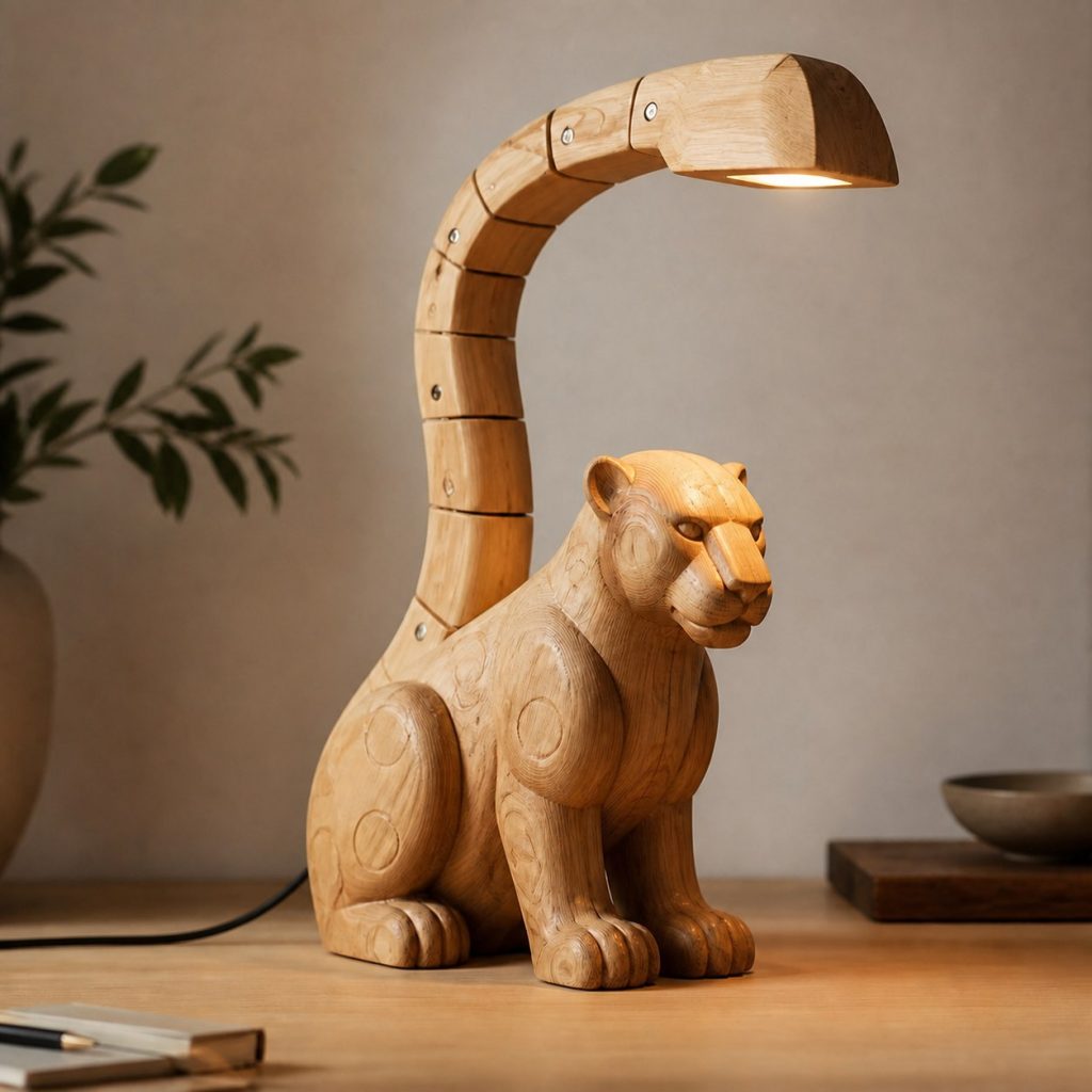 Jaguar-Tail Desk Task Lamp shown as an original square photorealistic jaguar lamp made from natural light-yellow wood with fine grain and warm diffused light