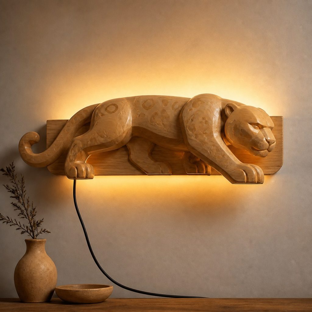 Prowling Jaguar Wall Sconce shown as an original square photorealistic jaguar lamp made from natural light-yellow wood with fine grain and warm diffused light
