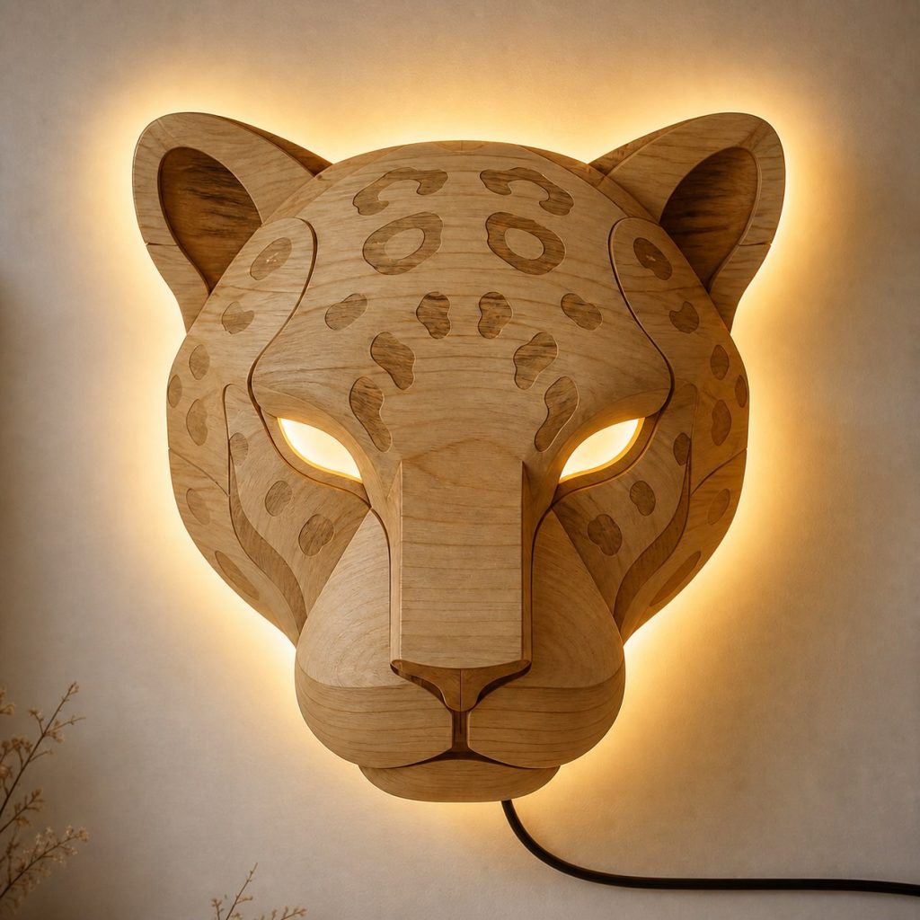Layered Jaguar Face Wall Lamp shown as an original square photorealistic jaguar lamp made from natural light-yellow wood with fine grain and warm diffused light