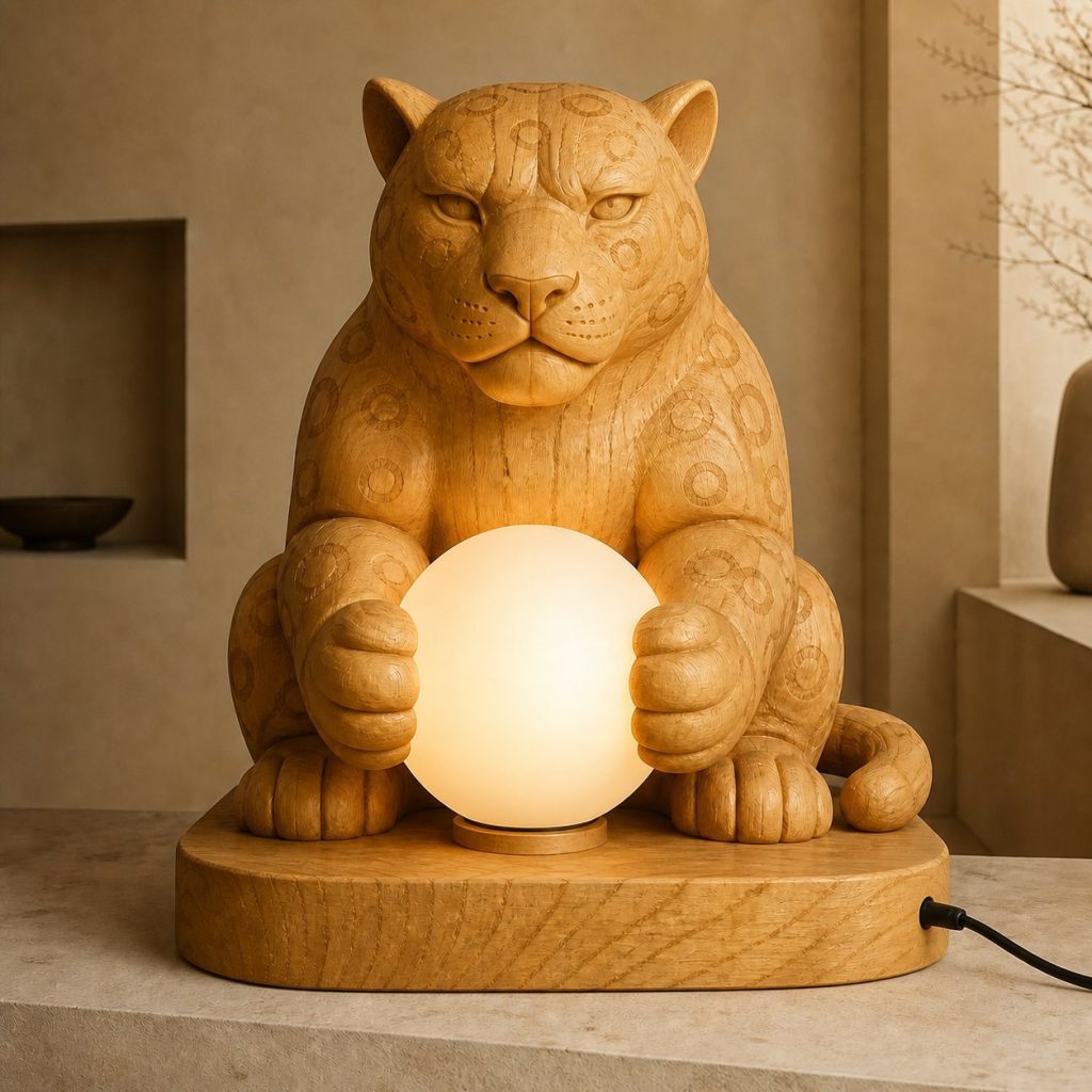 Jaguar Orb Lamp shown as an original square photorealistic jaguar lamp made from natural light-yellow wood with fine grain and warm diffused light