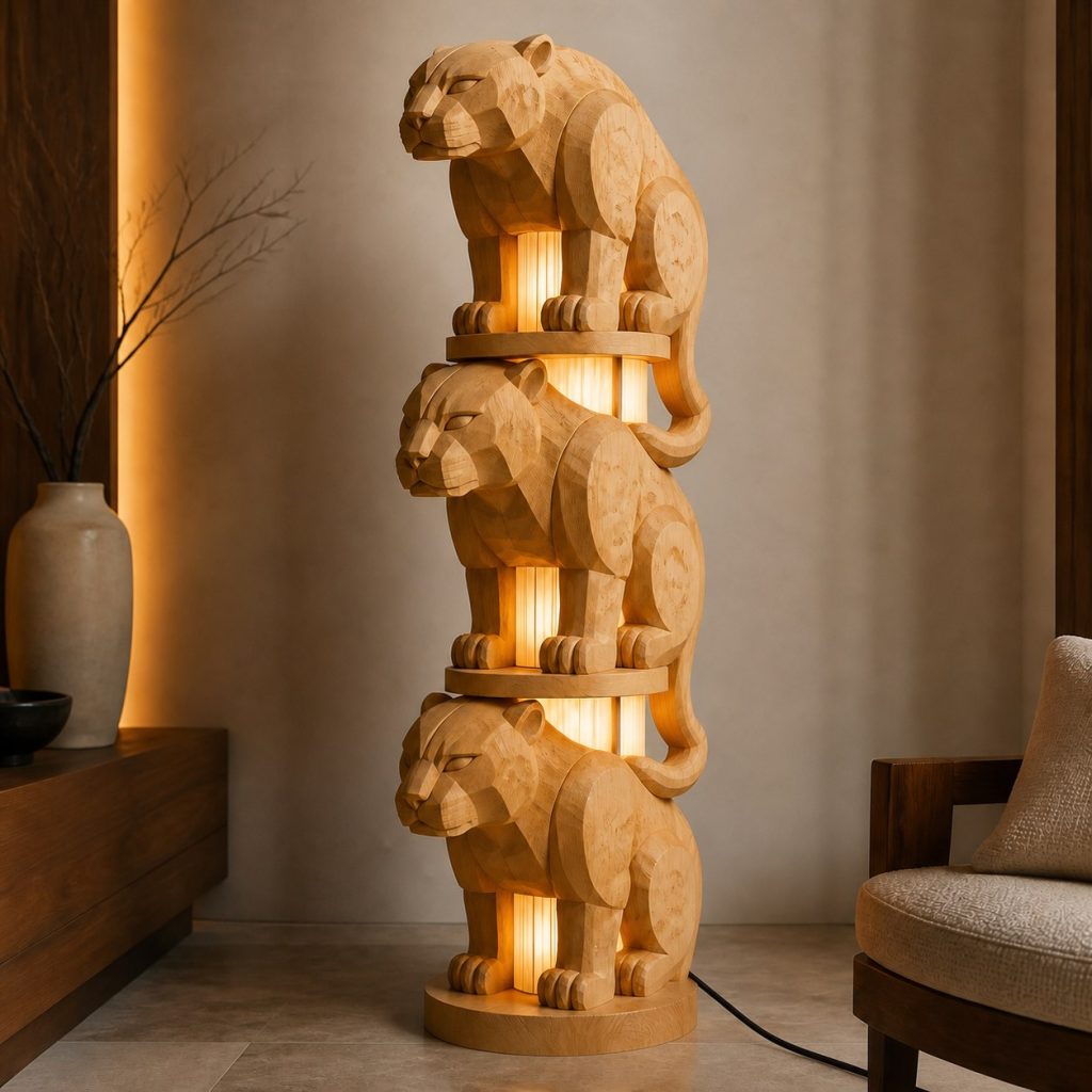 Stacked Jaguar Floor Lamp shown as an original square photorealistic jaguar lamp made from natural light-yellow wood with fine grain and warm diffused light