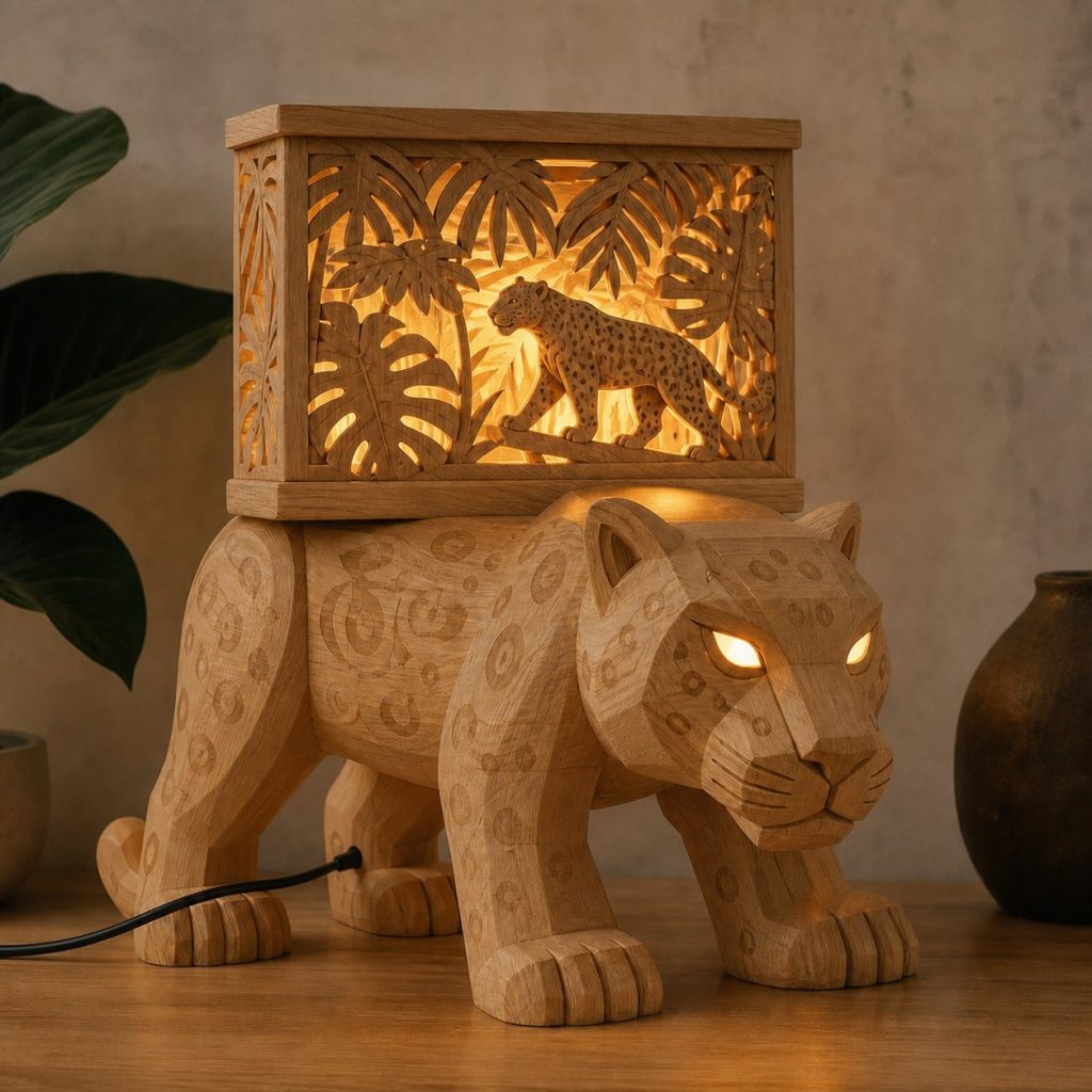 Rainforest Jaguar Lantern shown as an original square photorealistic jaguar lamp made from natural light-yellow wood with fine grain and warm diffused light