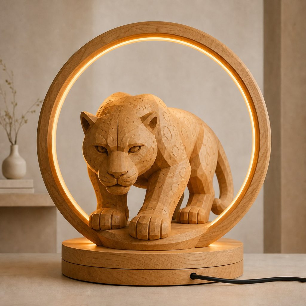 Jaguar Sun-Ring Lamp shown as an original square photorealistic jaguar lamp made from natural light-yellow wood with fine grain and warm diffused light