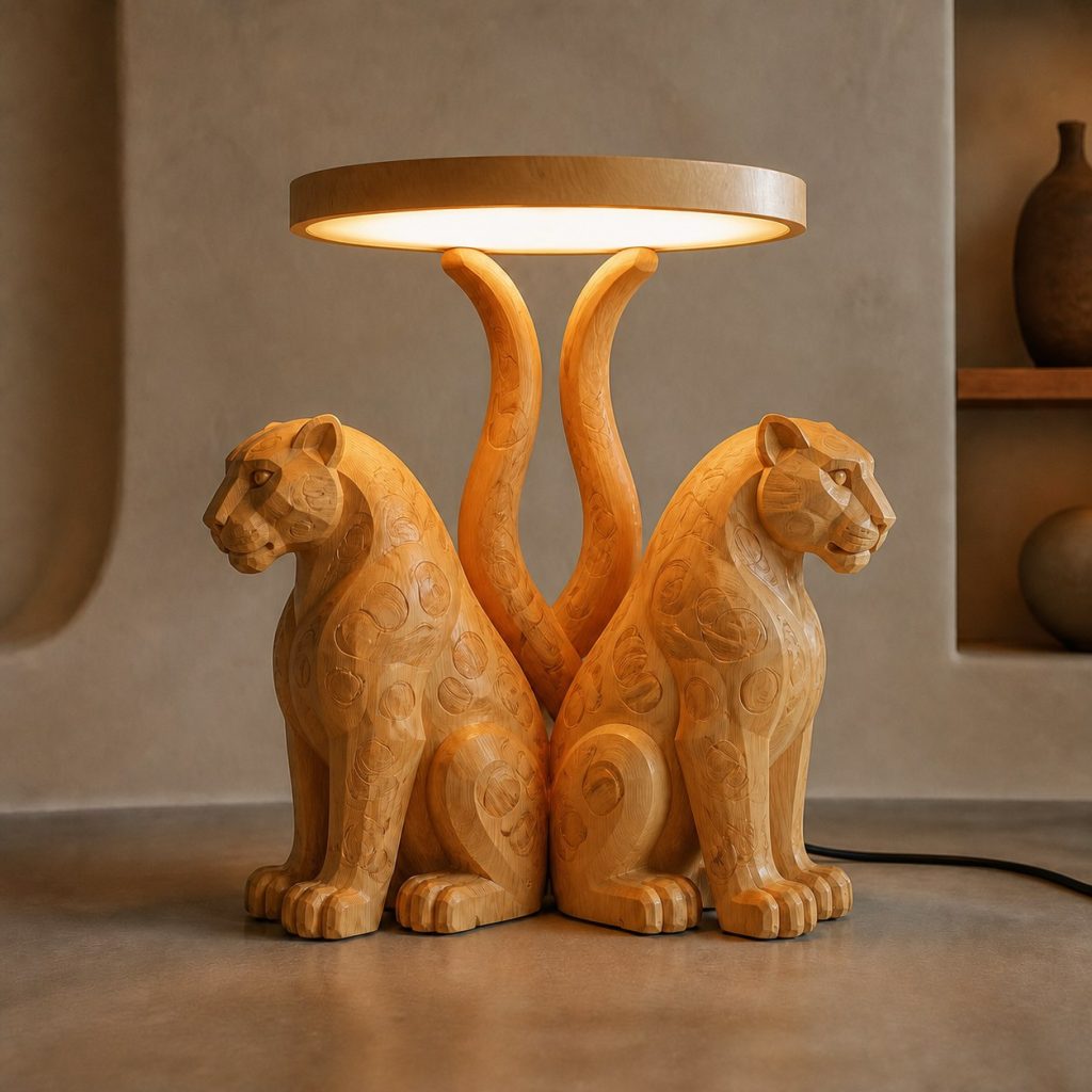 Paired-Tail Jaguar Floor Lamp shown as an original square photorealistic jaguar lamp made from natural light-yellow wood with fine grain and warm diffused light