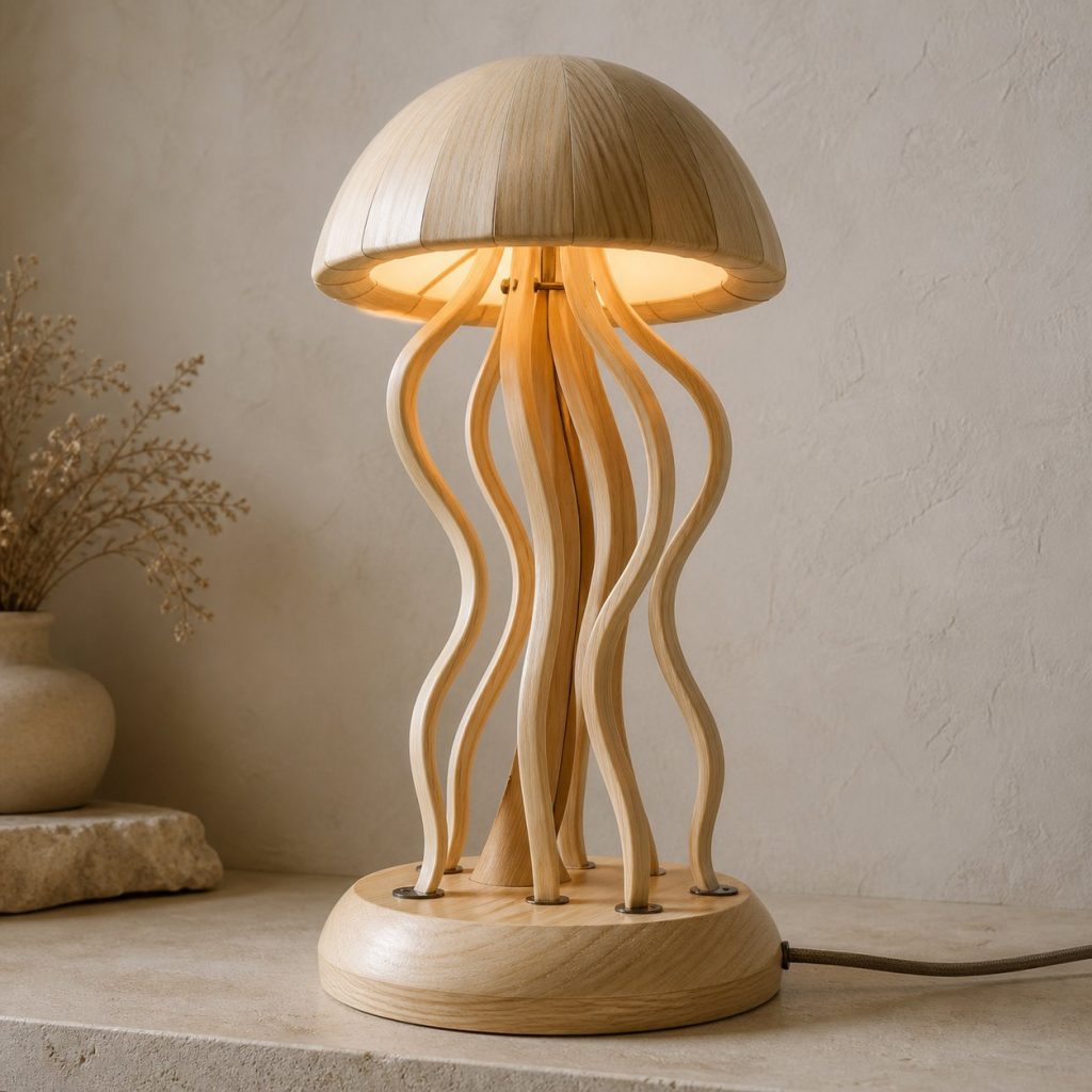 Jellyfish Profile Lamp shown as an original square photorealistic jellyfish lamp made from natural light-yellow wood with fine grain and warm diffused light