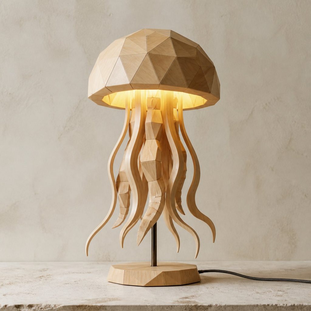 Faceted Jellyfish Lamp shown as an original square photorealistic jellyfish lamp made from natural light-yellow wood with fine grain and warm diffused light