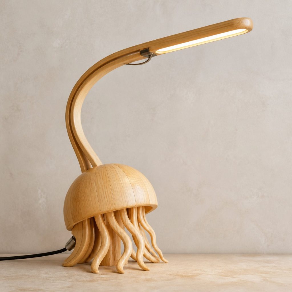 Jellyfish-Tentacle Desk Task Lamp shown as an original square photorealistic jellyfish lamp made from natural light-yellow wood with fine grain and warm diffused light
